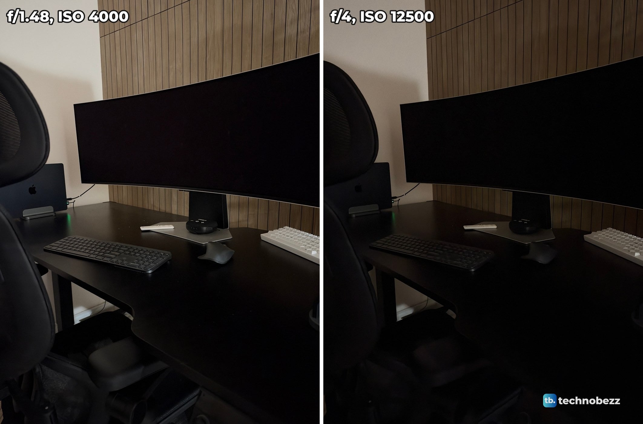 Two photos of a dark desk with a curved monitor, keyboard and chair, brighter at f/1.48 on the left and darker at f/4 on the right