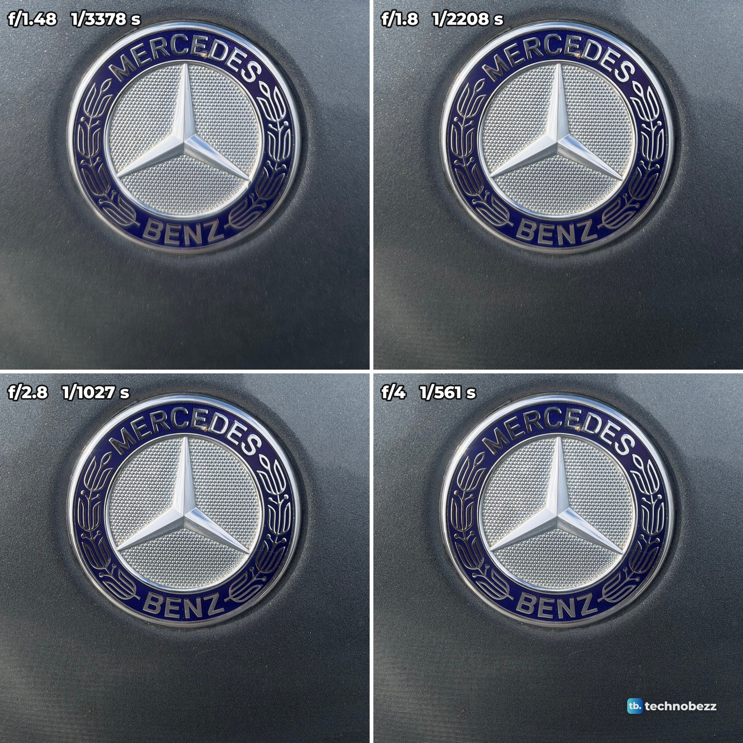 Four photos of the same Mercedes-Benz hood badge taken on the iPhone 18 Pro Max at f/1.48, f/1.8, f/2.8 and f/4