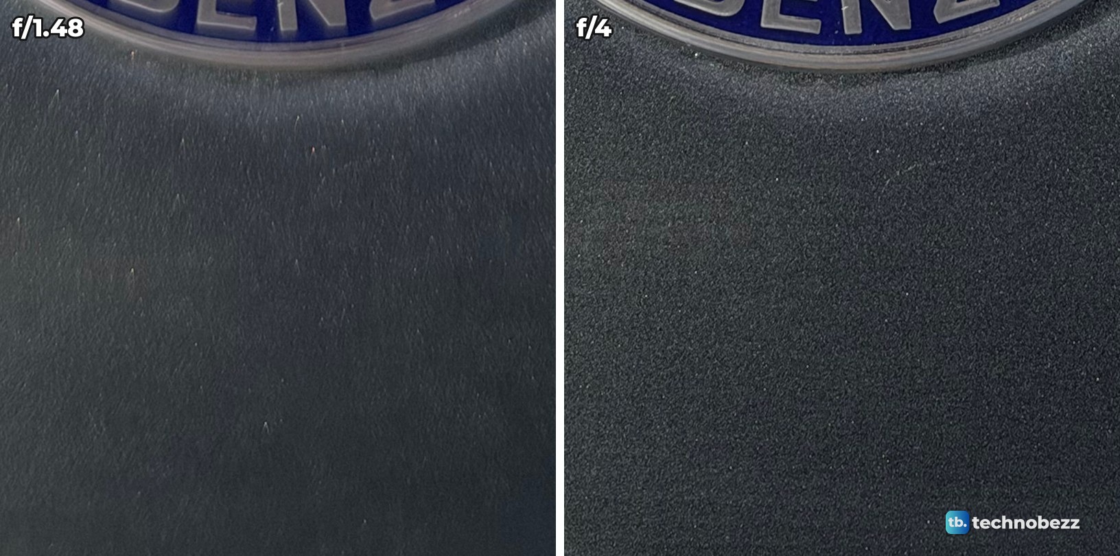Close crop of gray car paint just in front of the badge, smeared at f/1.48 on the left and showing sharp metallic flake at f/4 on the right