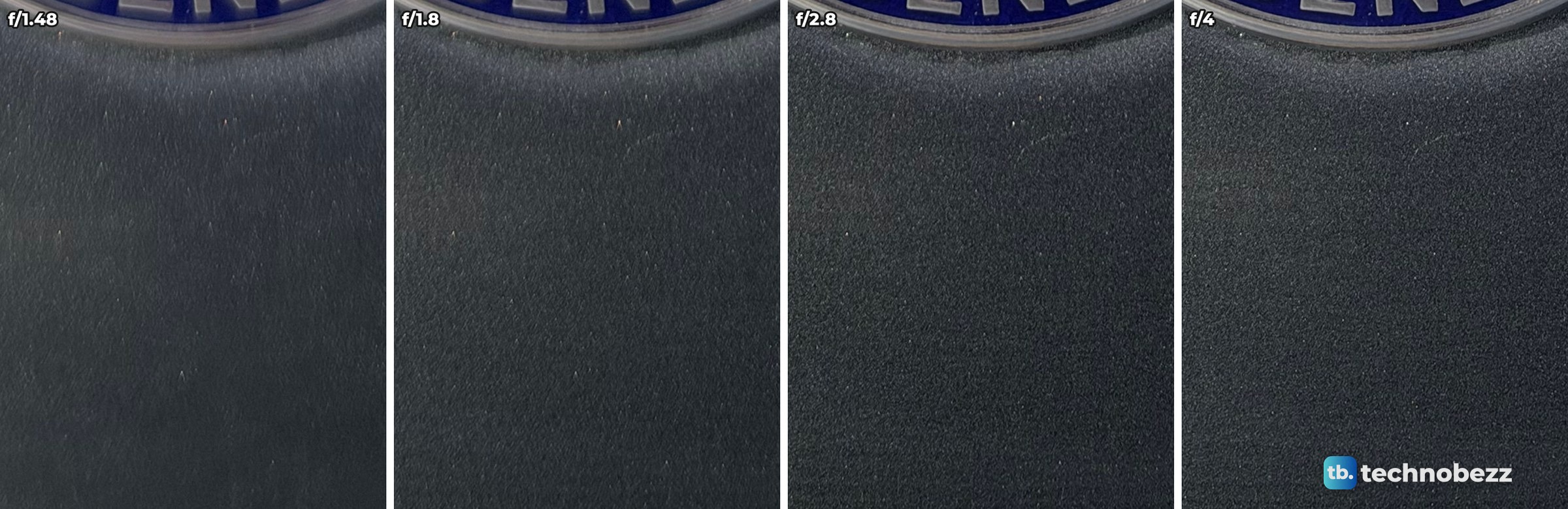 The same patch of car paint in front of the badge at f/1.48, f/1.8, f/2.8 and f/4, sharper at each step