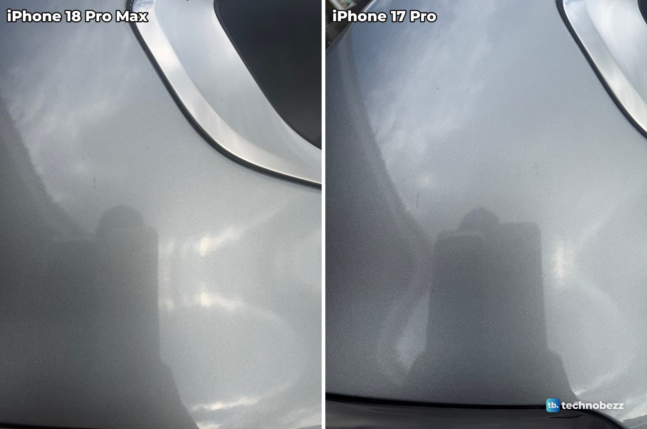 Gray metallic car paint beside a headlight with clouds reflected in it, photographed on iPhone 18 Pro Max and iPhone 17 Pro