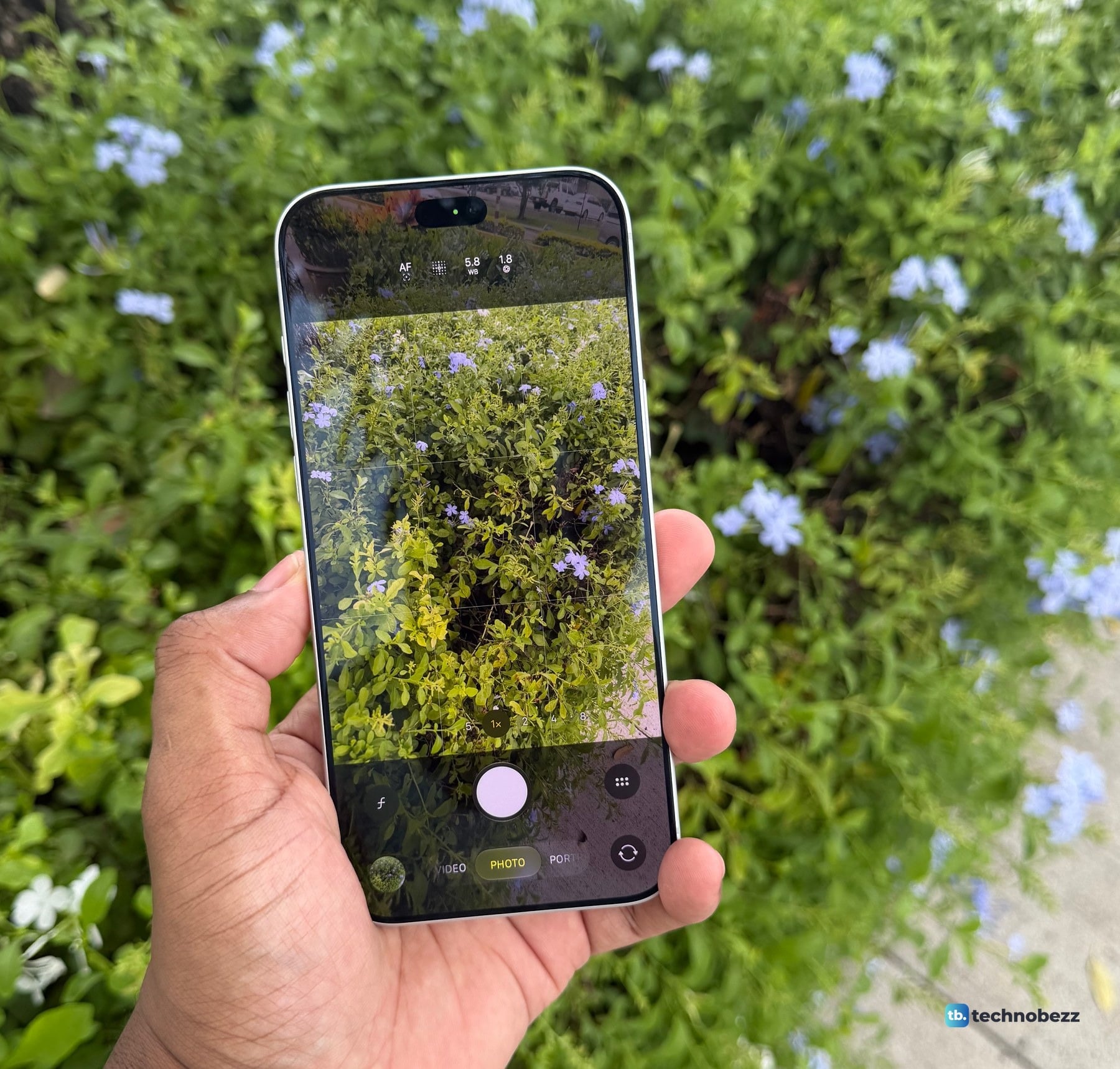 iPhone 18 Pro Max held in one hand with the Camera app open, framing a green hedge with pale blue flowers