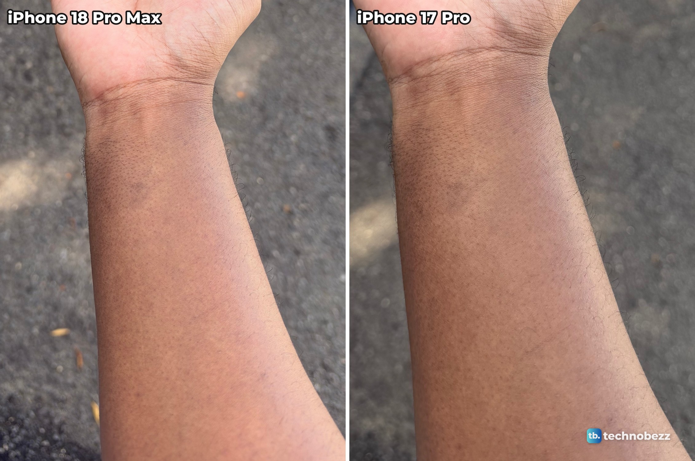 Close crops of a forearm from two photos, redder on the iPhone 18 Pro Max on the left and browner on the iPhone 17 Pro on the right