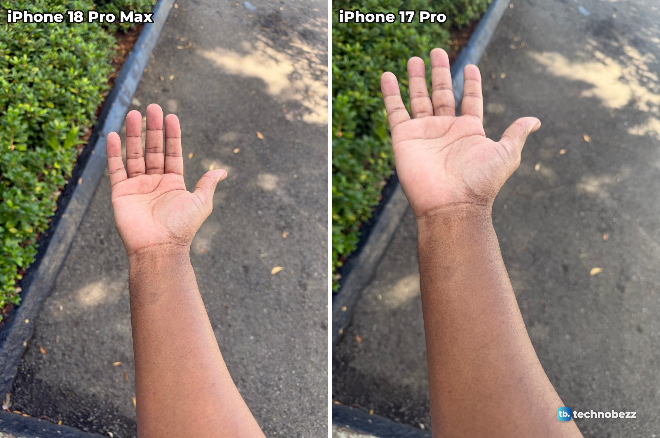 Two photos of an open hand and forearm held over gray pavement beside a low hedge, iPhone 18 Pro Max on the left and iPhone 17 Pro on the right