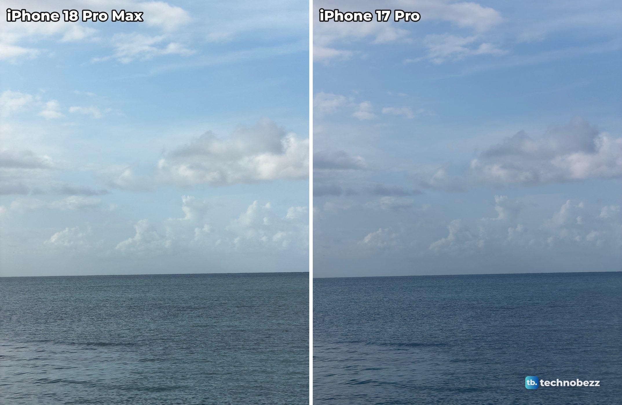 Sea horizon with low clouds photographed at 4x on iPhone 18 Pro Max and iPhone 17 Pro, the iPhone 17 Pro frame darker and bluer