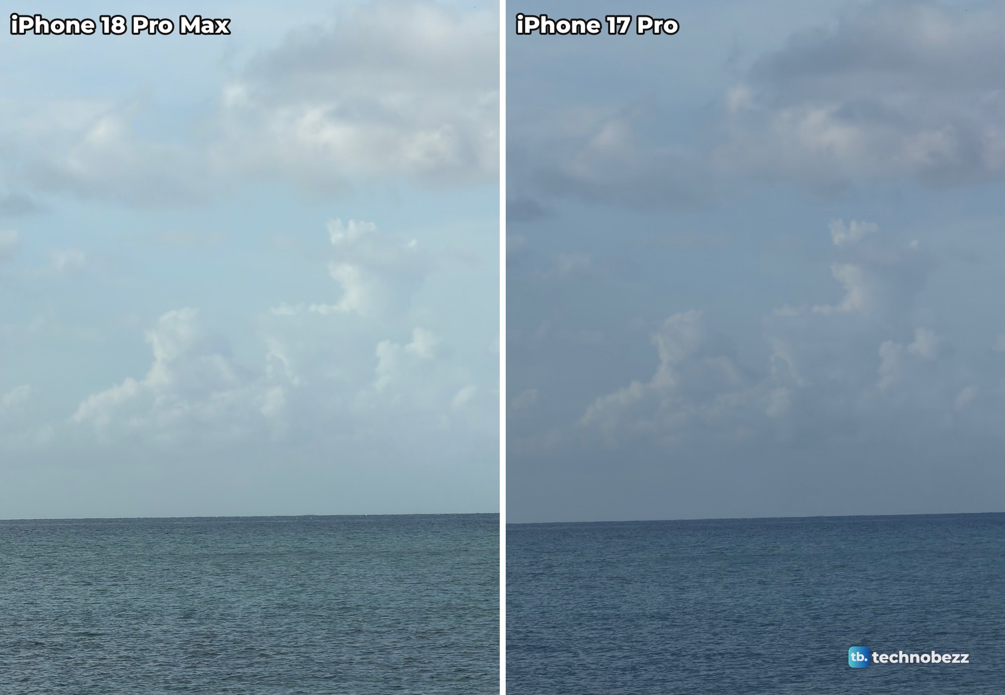 Sea horizon and clouds photographed at 8x on iPhone 18 Pro Max and iPhone 17 Pro, the iPhone 18 Pro Max frame clearly brighter