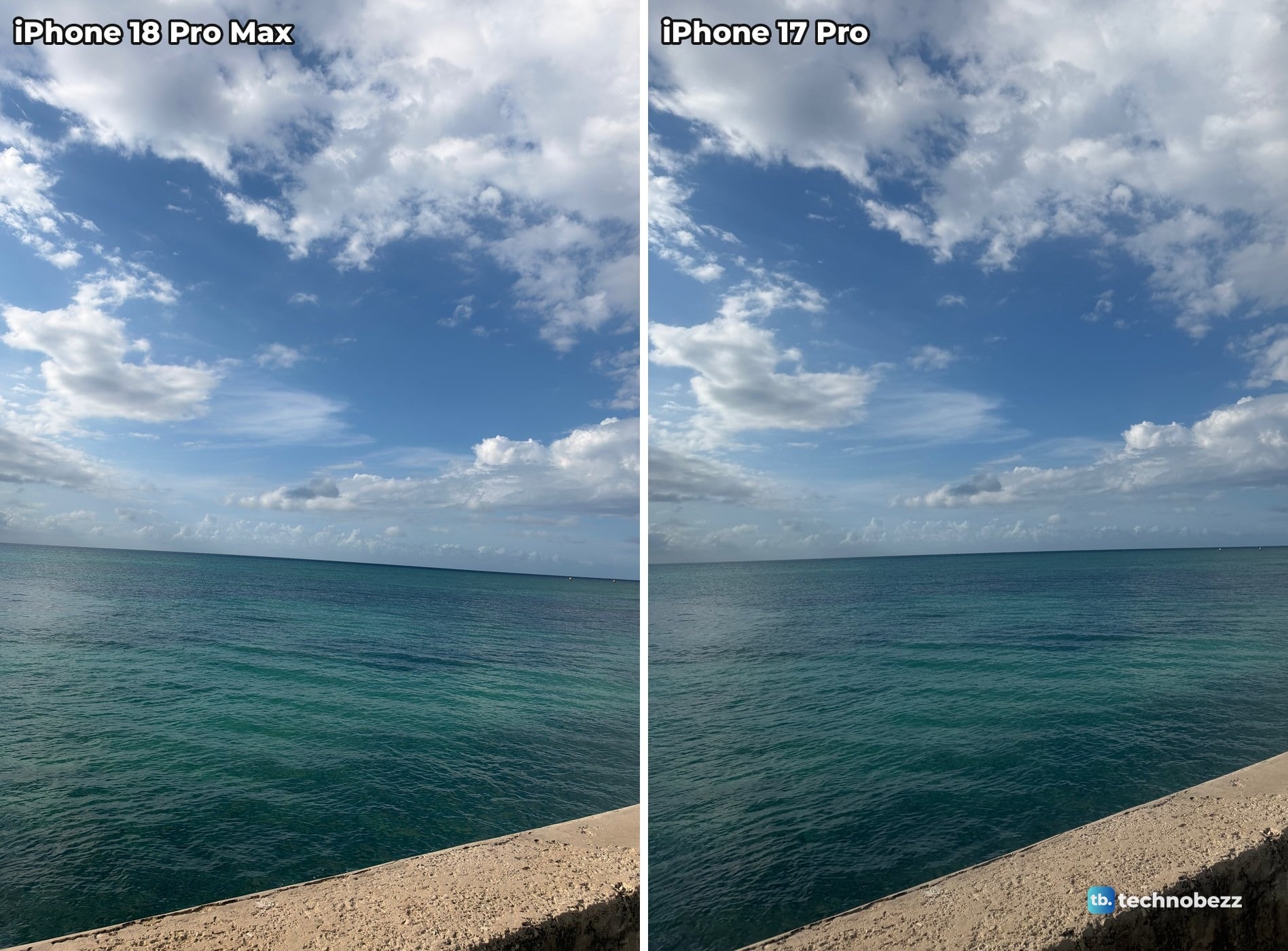 Teal sea under a blue sky with white clouds and the edge of a sea wall, photographed on iPhone 18 Pro Max and iPhone 17 Pro