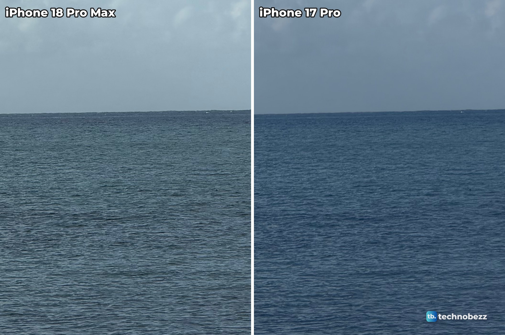 Close crop of rippled sea water below the horizon from the 4x photos on iPhone 18 Pro Max and iPhone 17 Pro