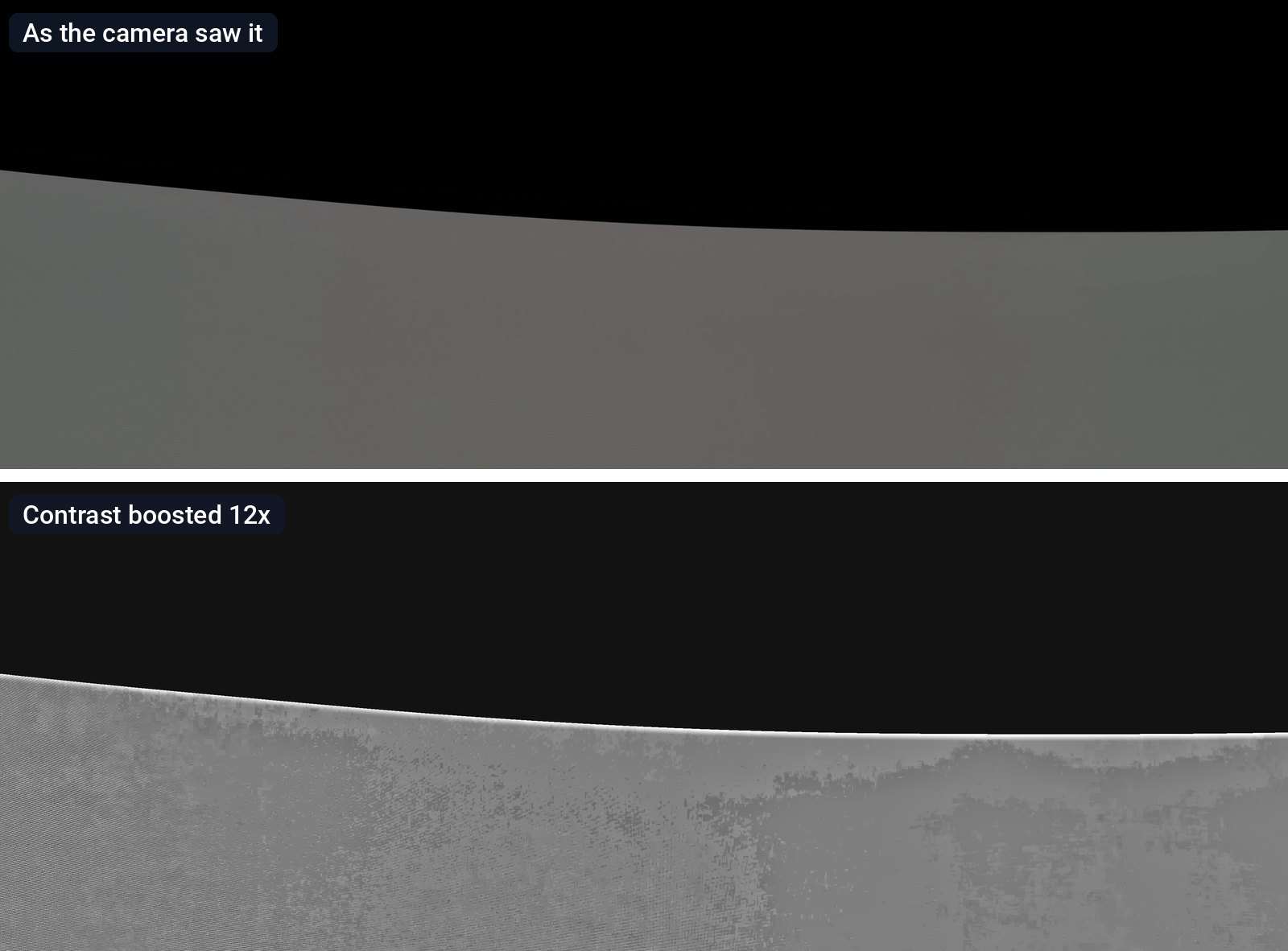 The top strip of the Samsung Odyssey OLED G9 at 20% gray, before and after a 12 times contrast boost