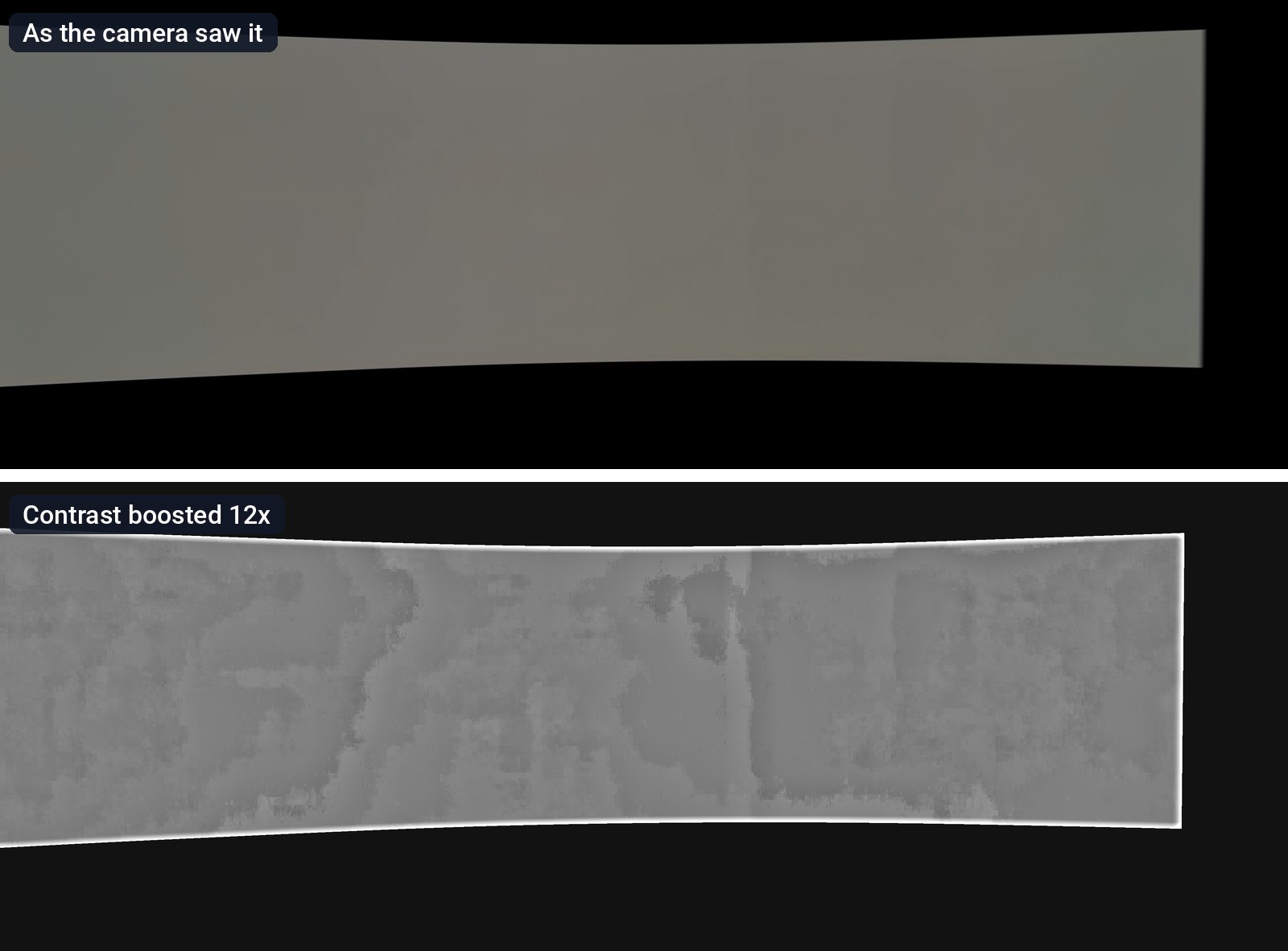 The 20% gray burn-in test as the camera saw it, above the same frame with its contrast boosted 12 times