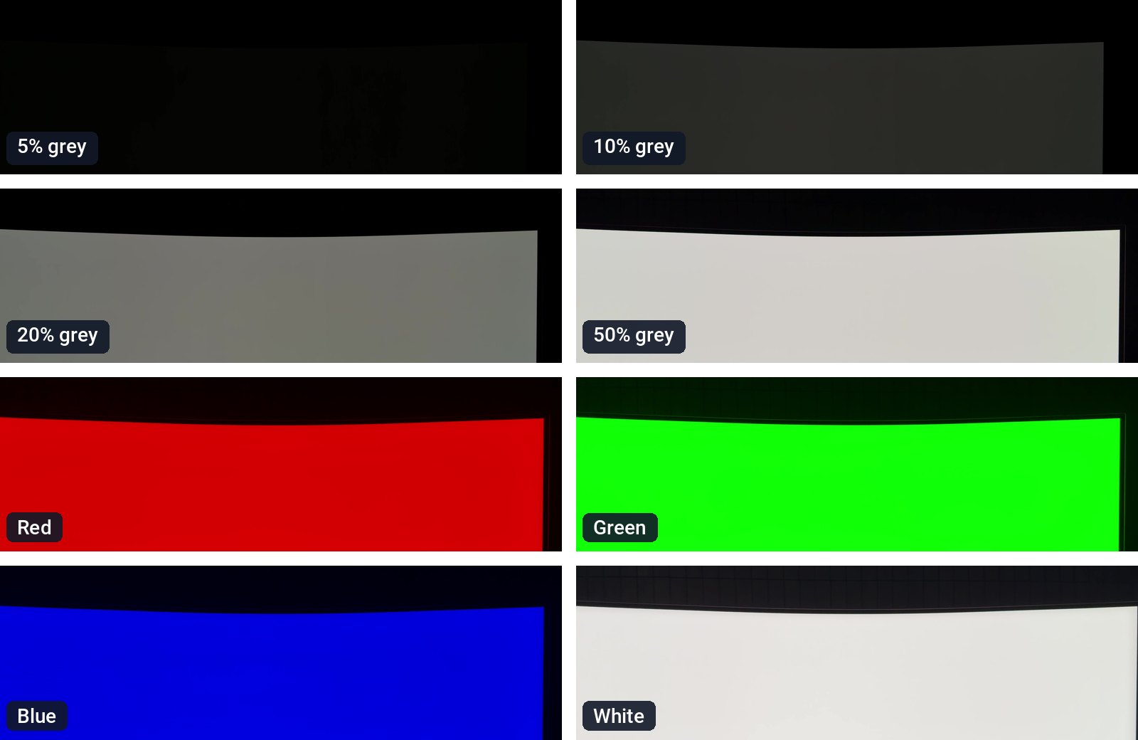 OLED burn-in test on the Samsung Odyssey OLED G9 with eight full-screen colors, four shades of gray then red, green, blue and white