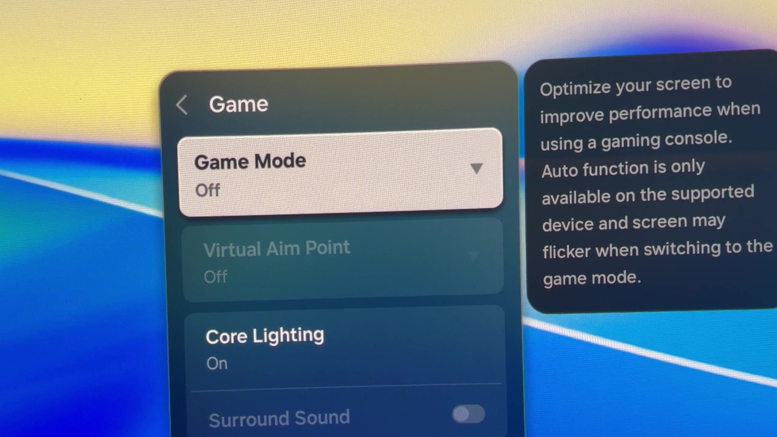 The Game menu on the Samsung Odyssey OLED G9 with a tooltip warning that the screen may flicker when switching to game mode