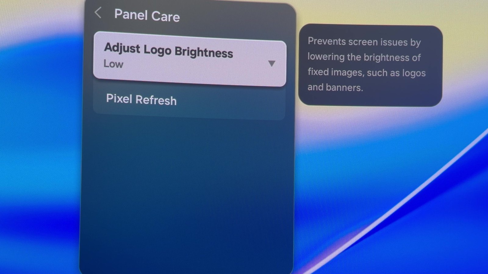 The Panel Care menu on the Samsung Odyssey OLED G9 showing Adjust Logo Brightness set to Low and Pixel Refresh