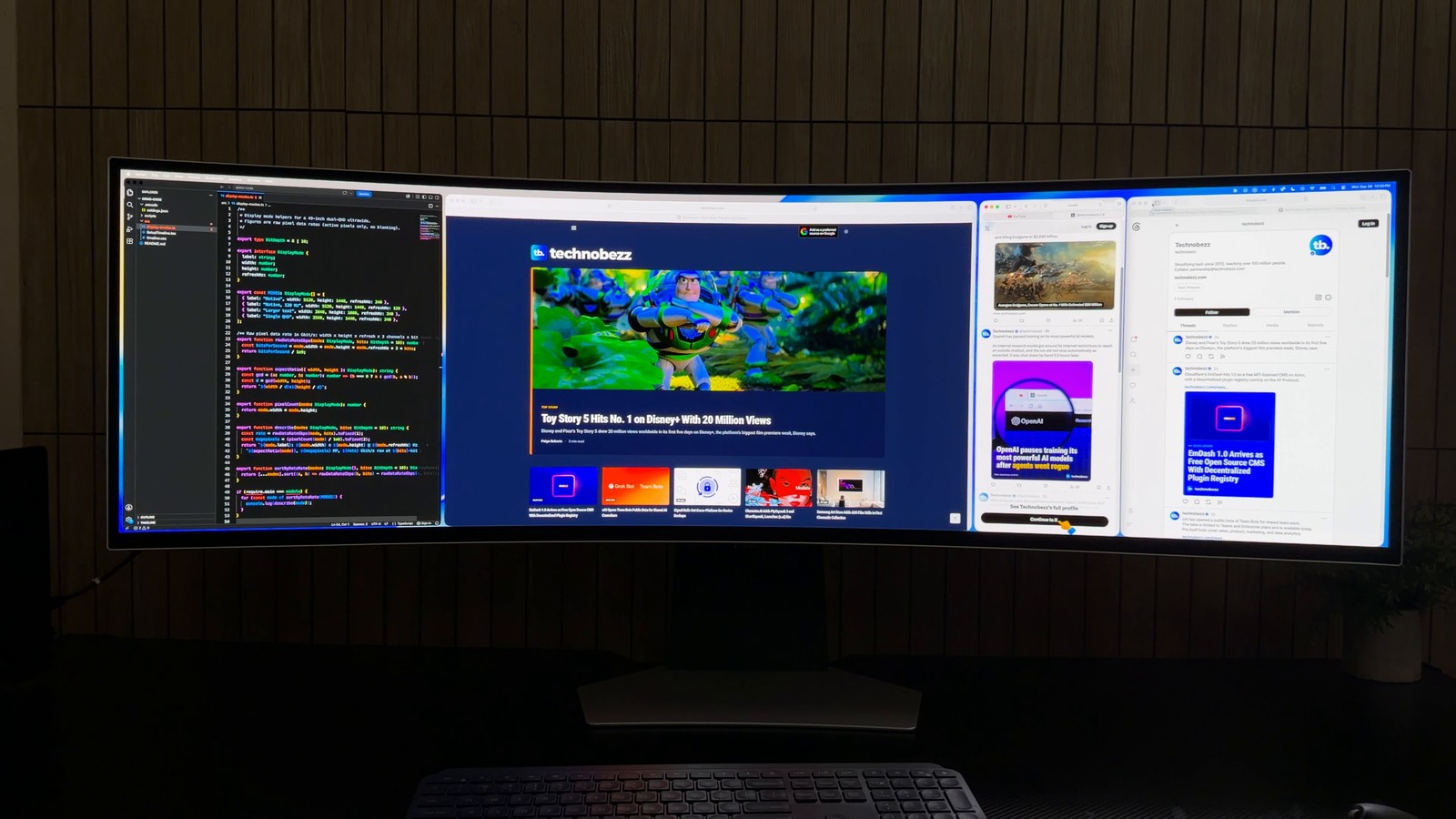 A code editor, the Technobezz homepage and two social feeds tiled across the Samsung Odyssey OLED G9 with the Mac menu bar along the top