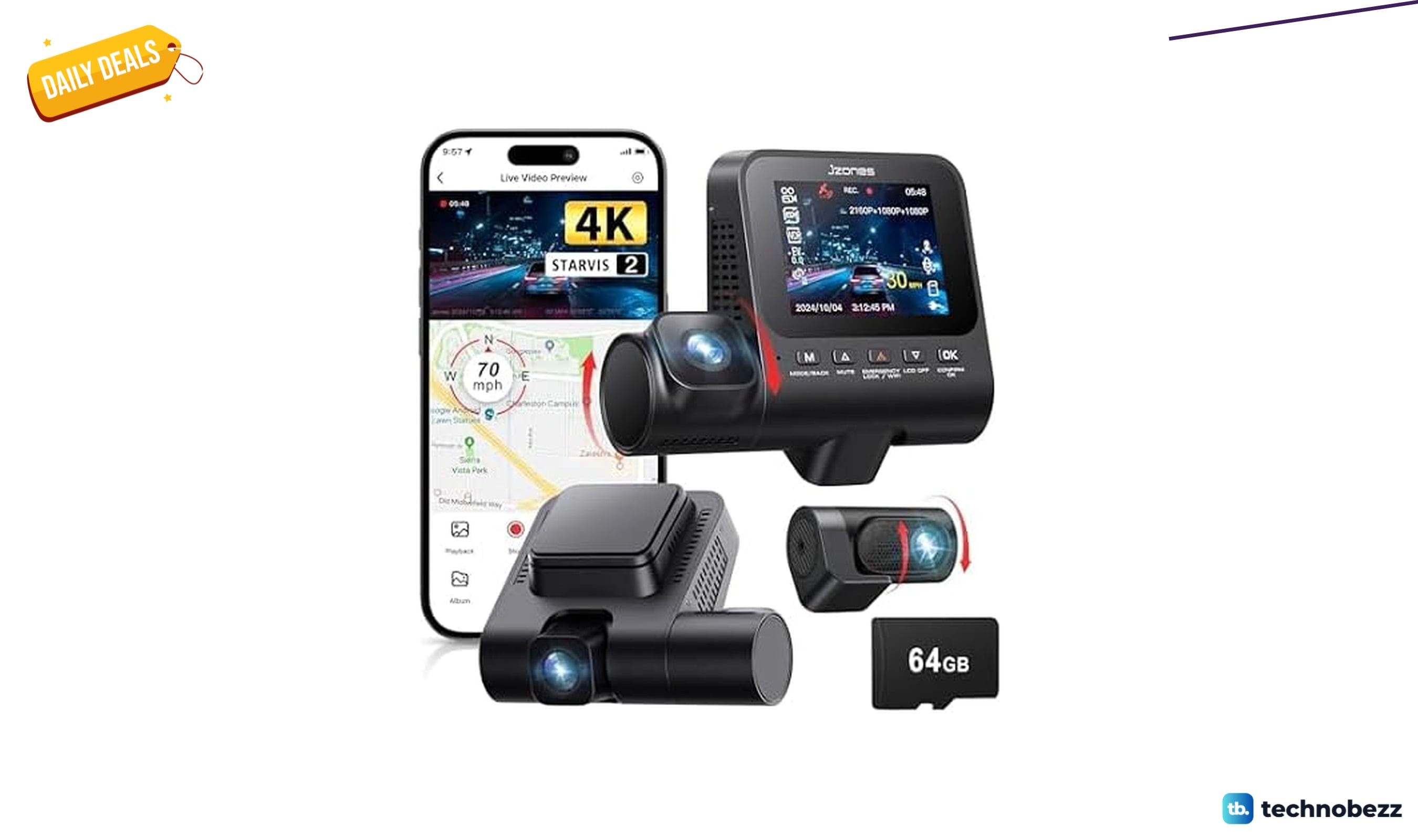 Jzones 4K 3-Channel Dash Cam with Starvis 2 and 64GB Card is $69.99 at Woot