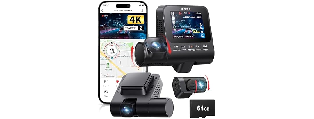 Jzones 4K 3-Channel Dash Cam with Starvis 2 and 64GB Card