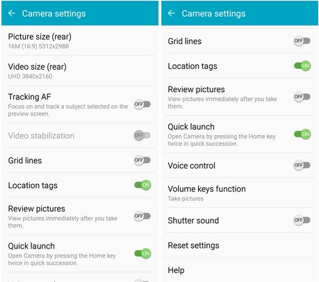 Galaxy S6 camera option settings