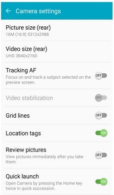 Galaxy S6 camera option settings