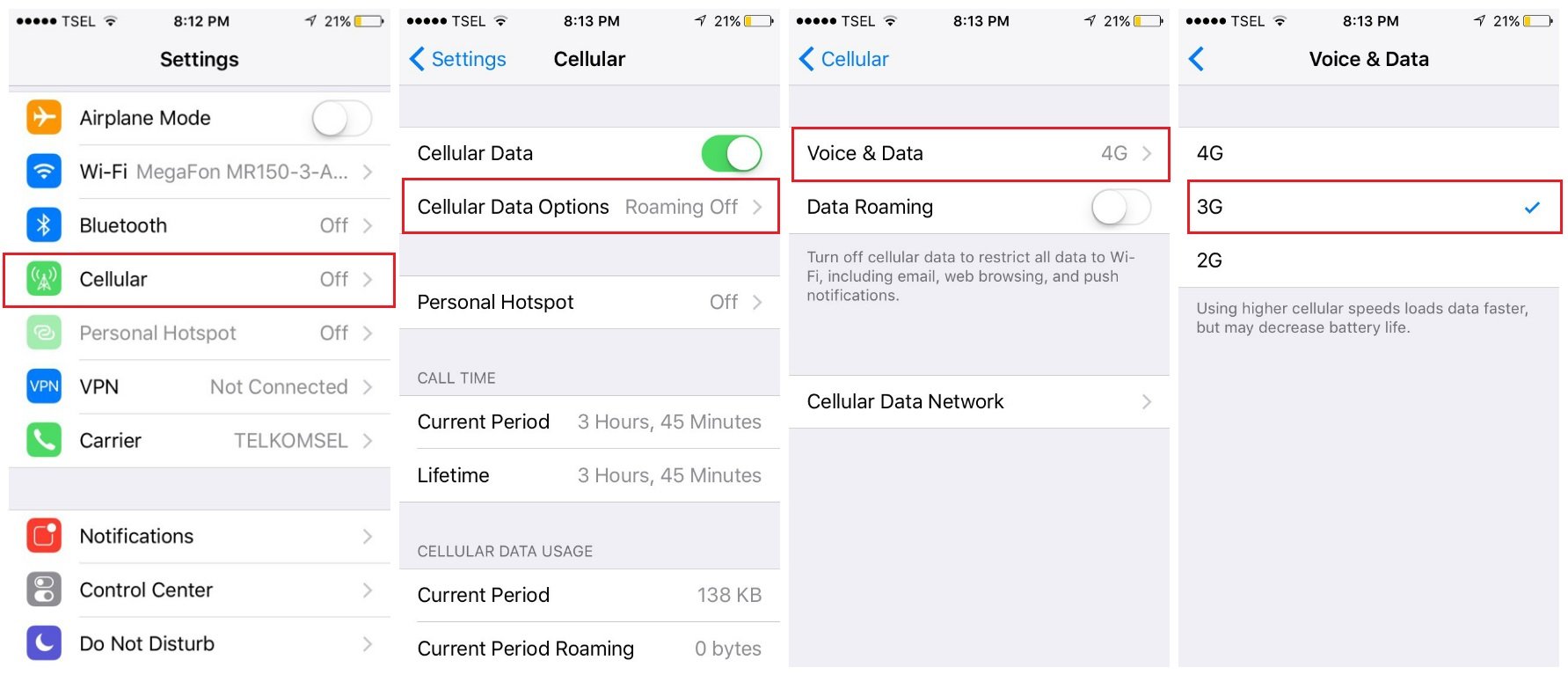 Options de données cellulaires Voix et données 4G 3G