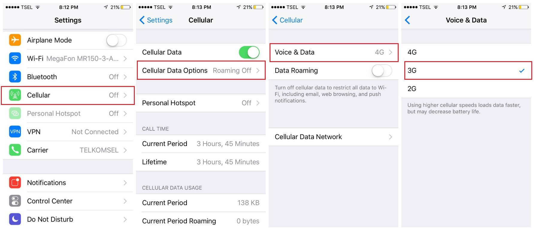 Opções de dados celulares Voz e dados 4G 3G