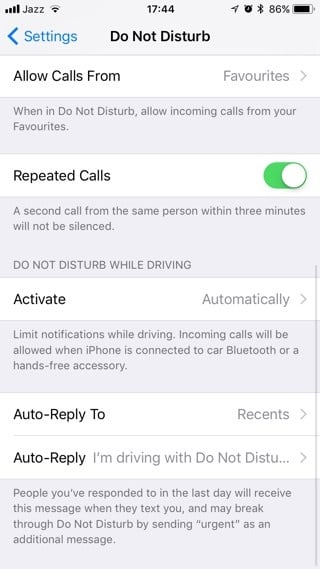 how to enable Do not disturb while driving in iOS 11