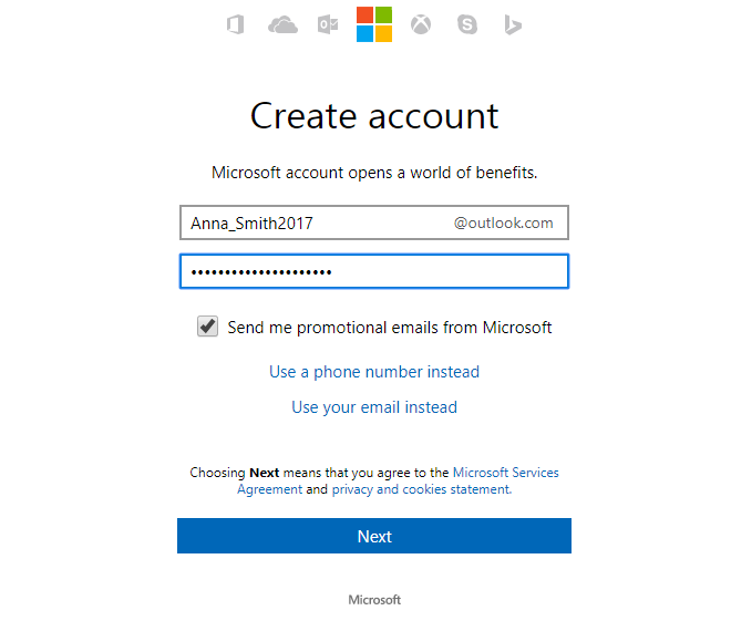 how to create a Microsoft account