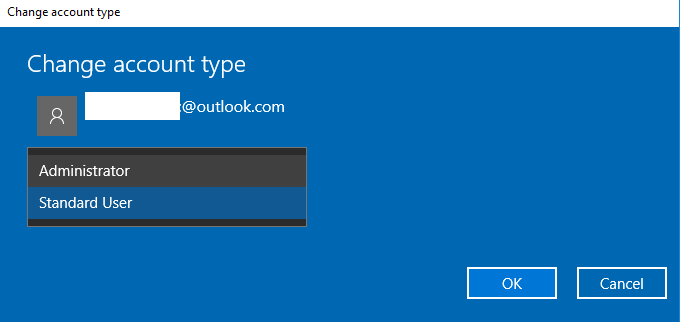 how to change user account type in Windows 10