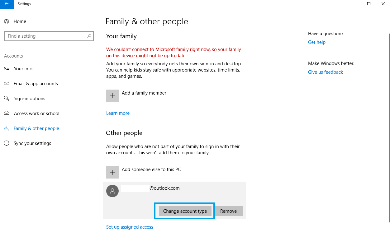 cómo cambiar el tipo de cuenta de usuario en Windows 10