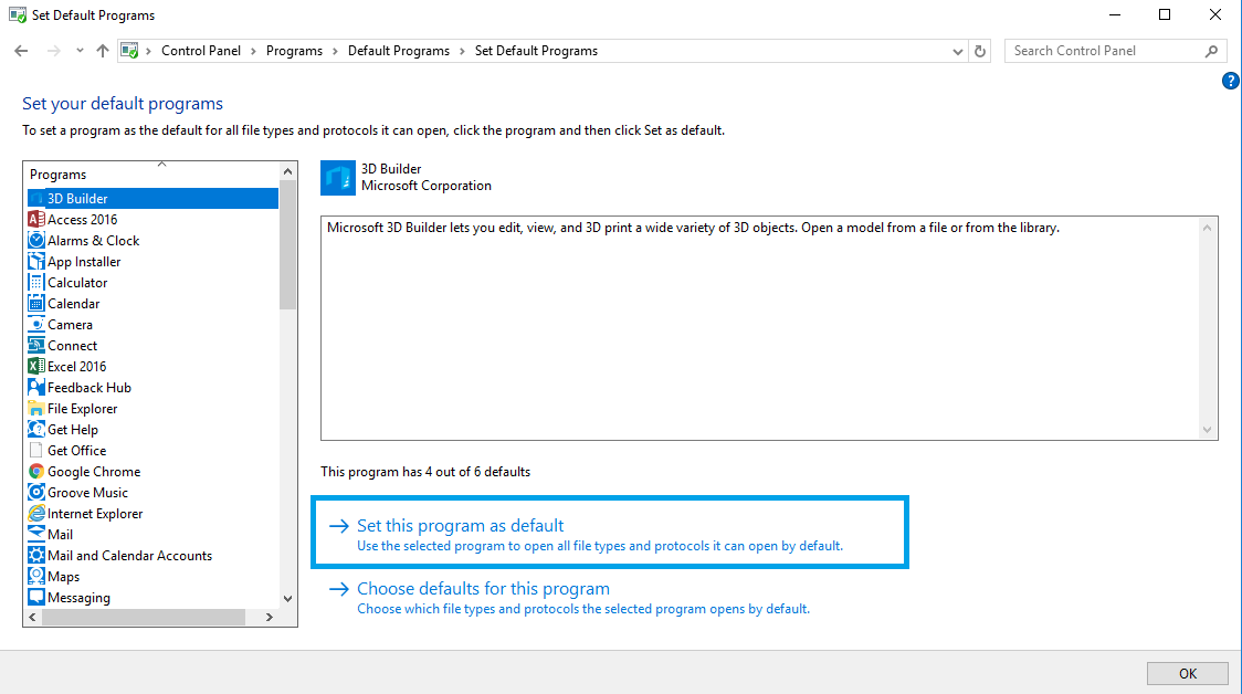 how to set default programs in Windows 10