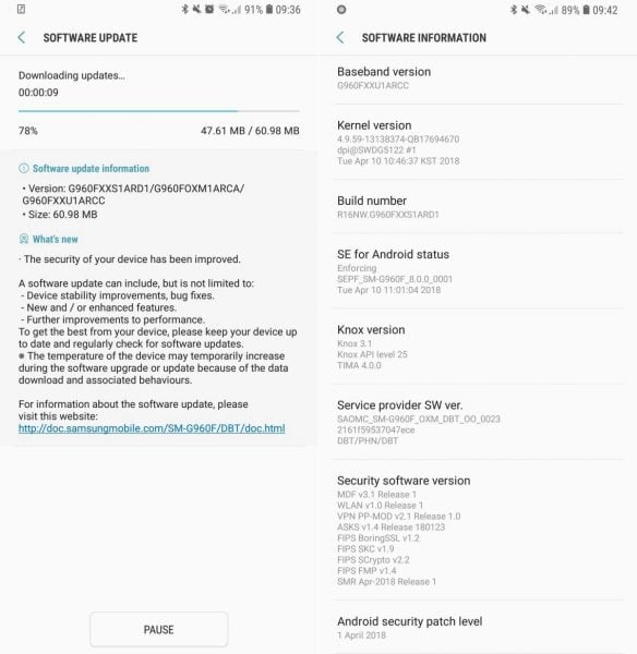 Samsung Galaxy S9software update