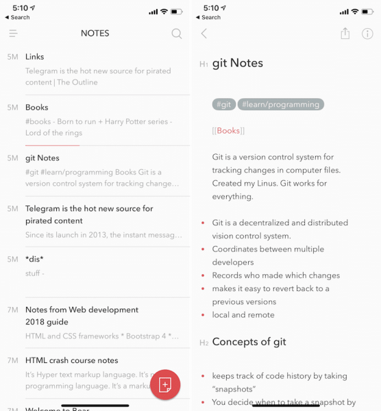 Notes de l'application iPhone XS Bear