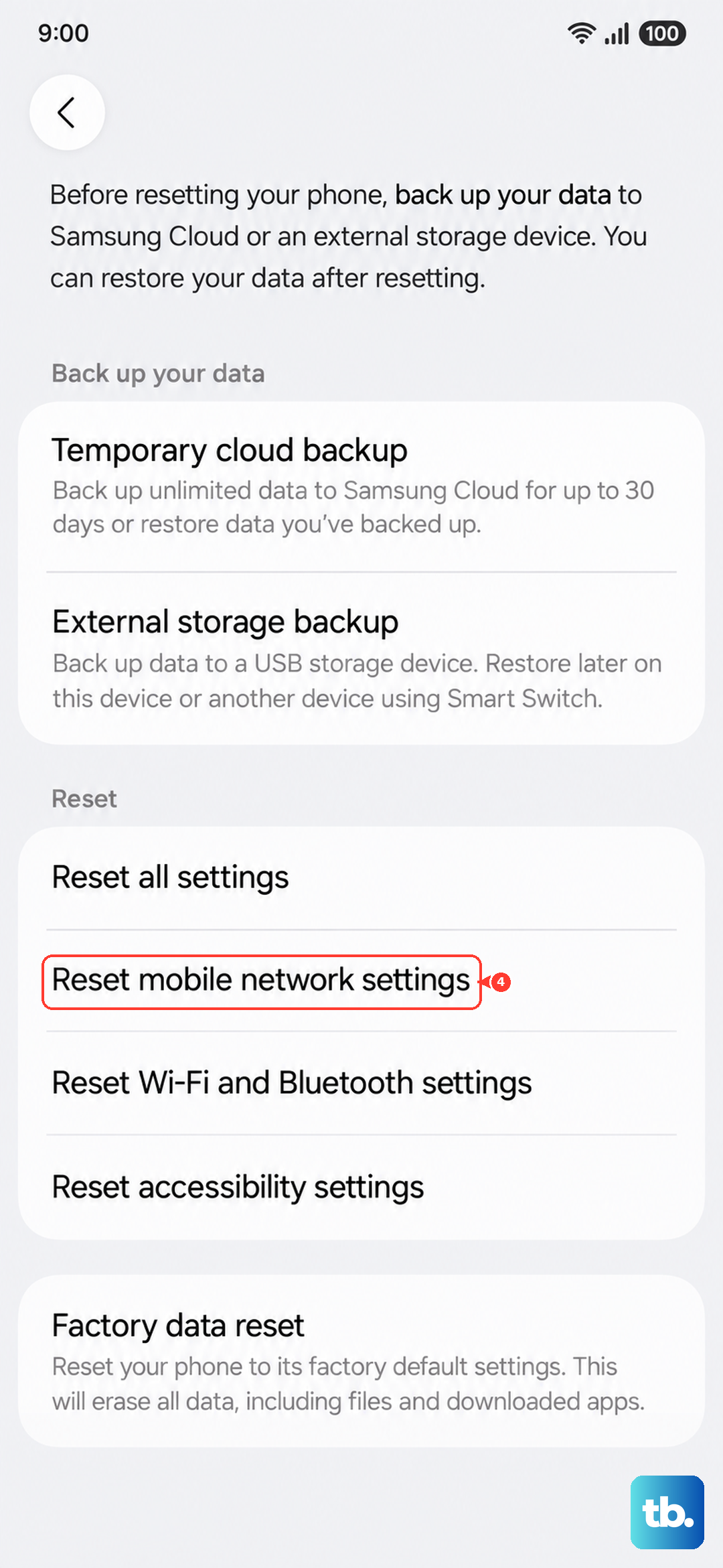 On the Reset screen, tap Reset mobile network settings (Samsung One UI).