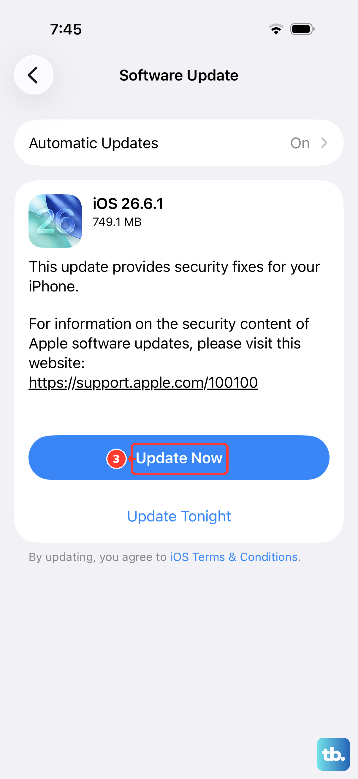 Open Settings > General > Software Update and, if an update is available, tap Update Now (Download and Install) while connected to power.