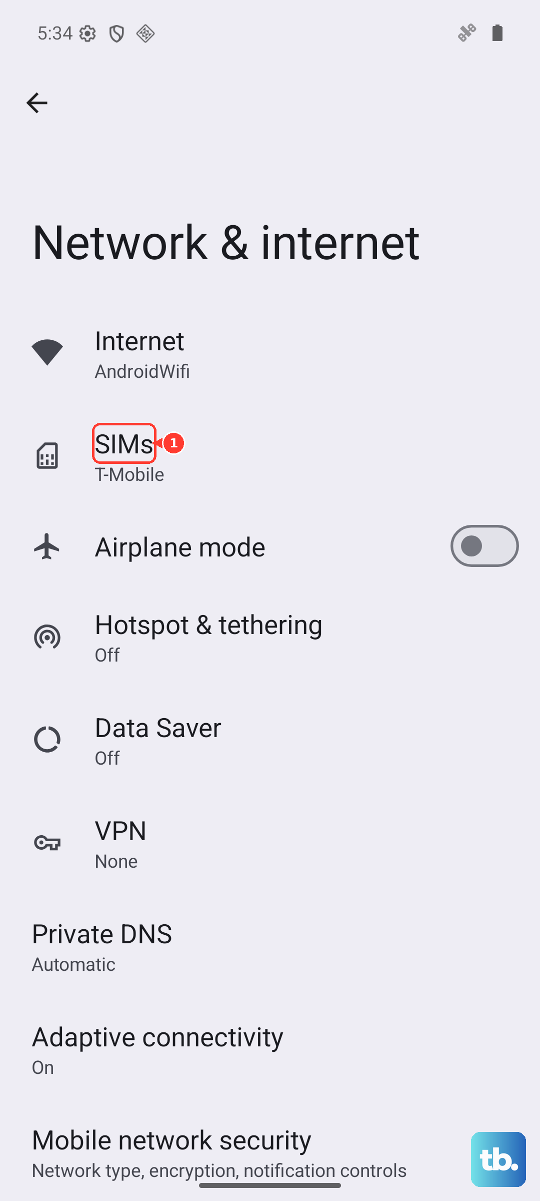 Under Network & internet, tap SIMs (Android 16, Pixel emulator).