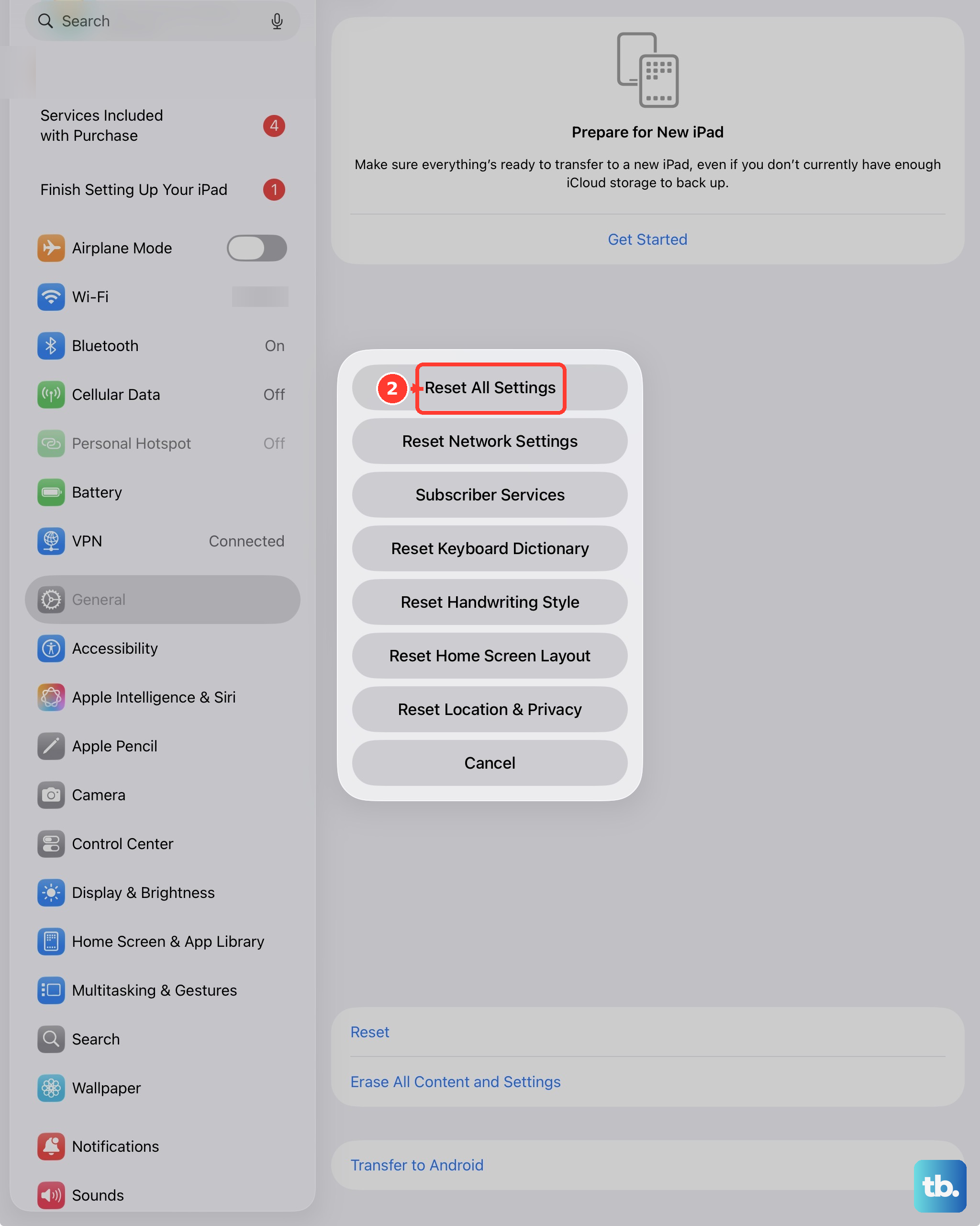 Reset All Settings is the first row of the Reset sheet on iPad.