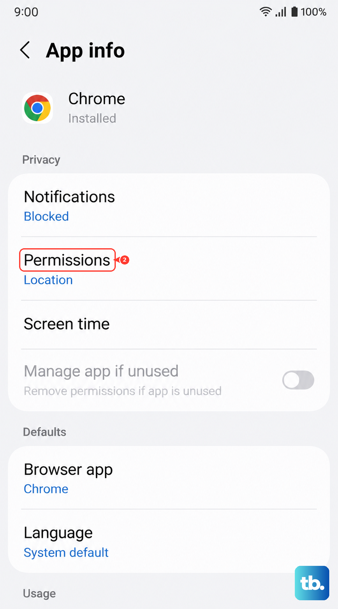 On the App info screen, tap Permissions (Samsung One UI).