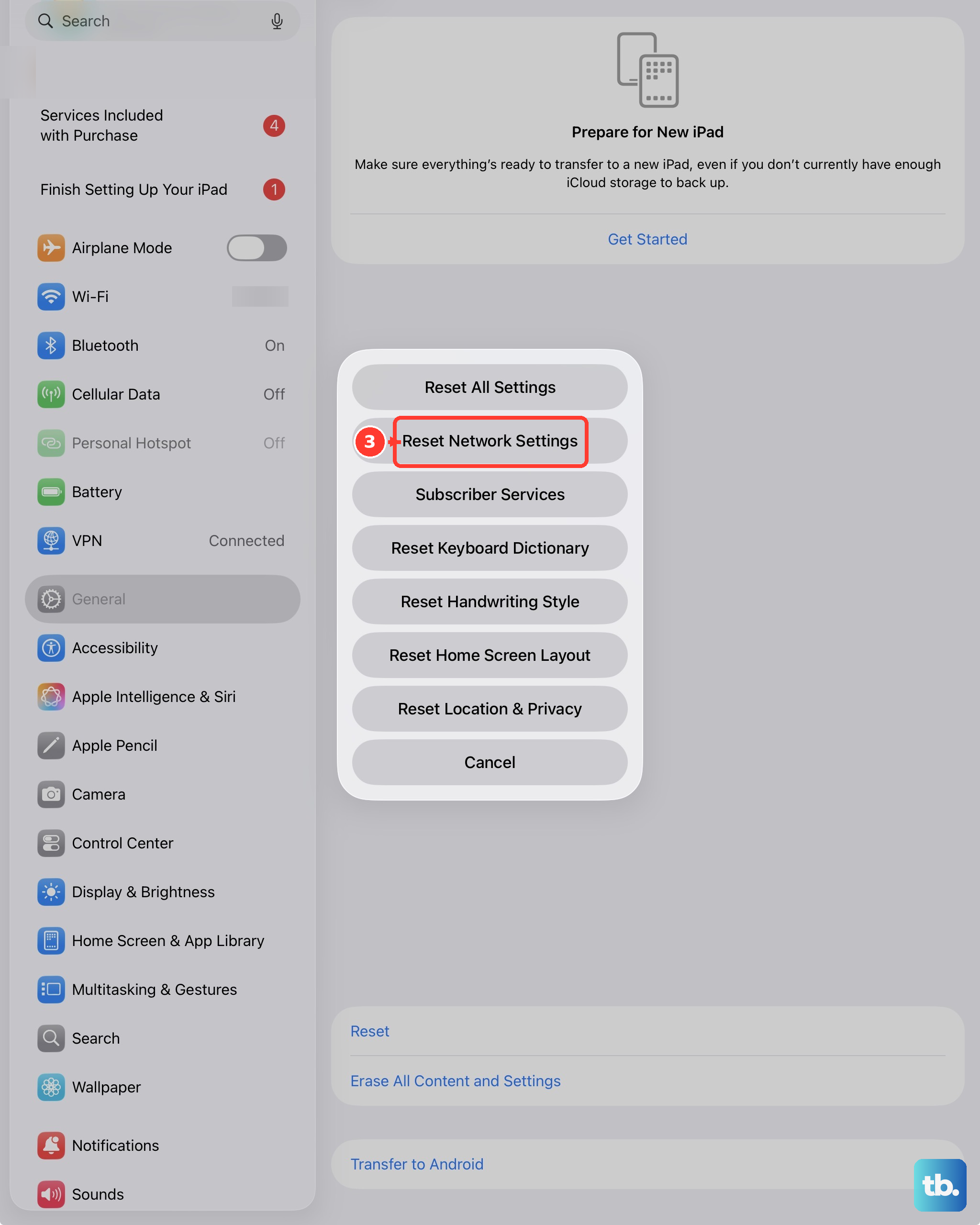 Go to Settings > General > Transfer or Reset iPad, tap Reset, then choose Reset Network Settings to clear every saved Wi-Fi network, VPN, and Bluetooth pairing.