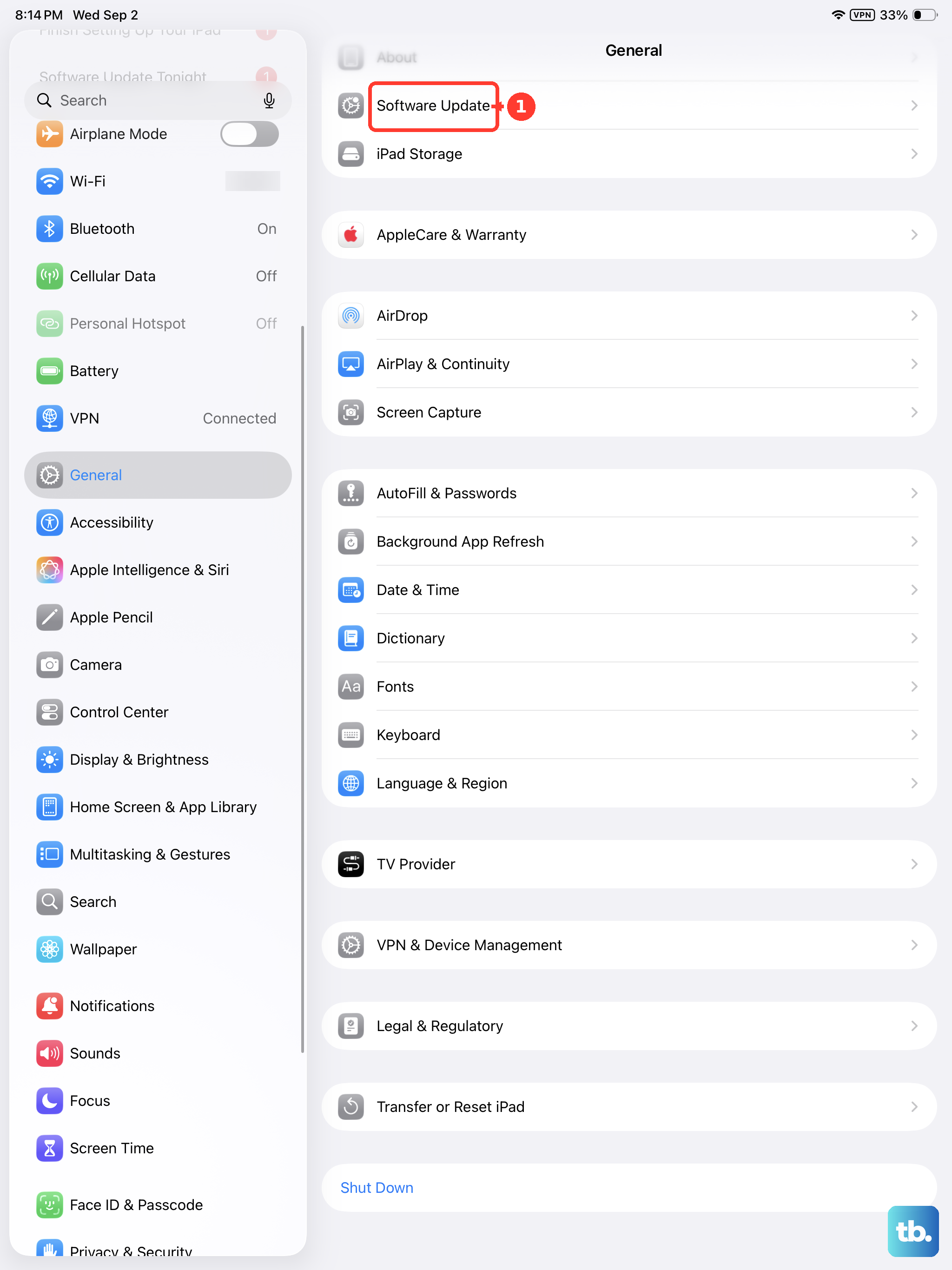 On iPad, open Settings > General and tap Software Update.