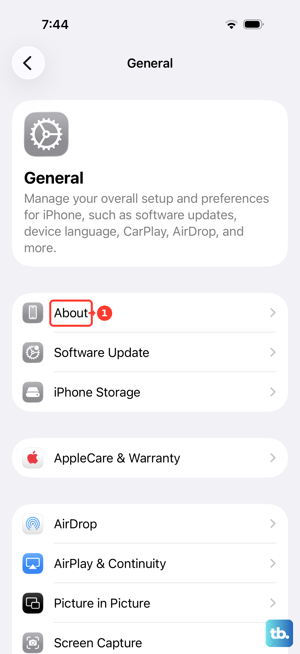 Open Settings > General and tap About.