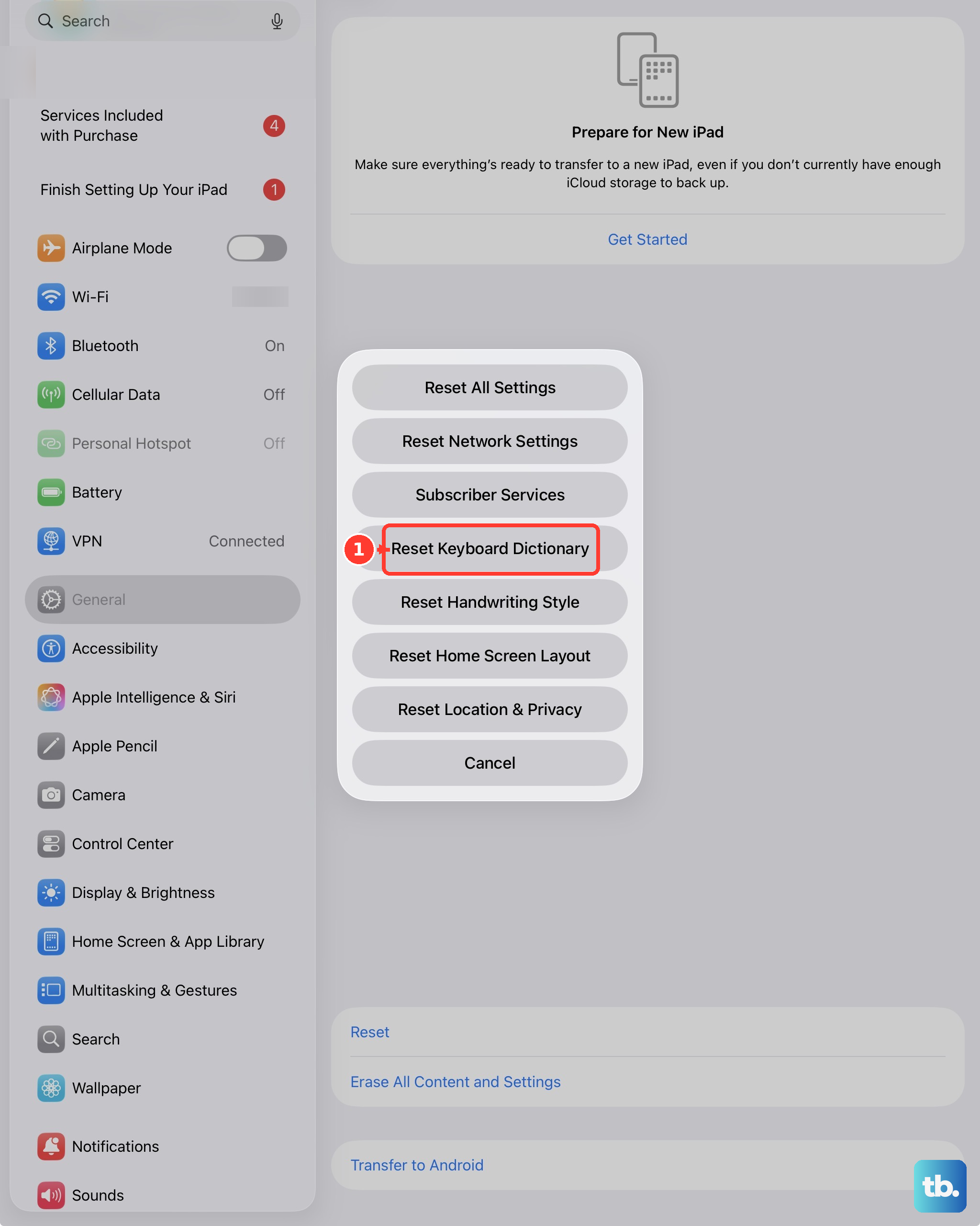 Reset Keyboard Dictionary clears the words the iPad keyboard has learned.