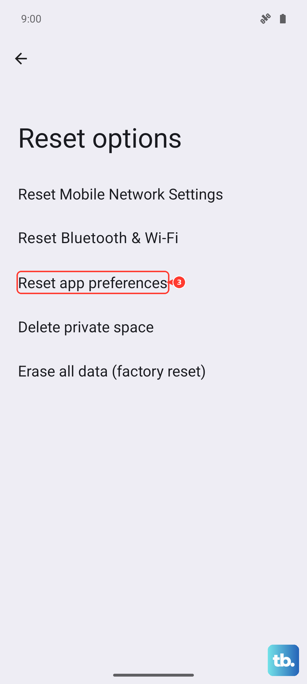 Under Reset options, tap Reset app preferences (Android 16, Pixel emulator).