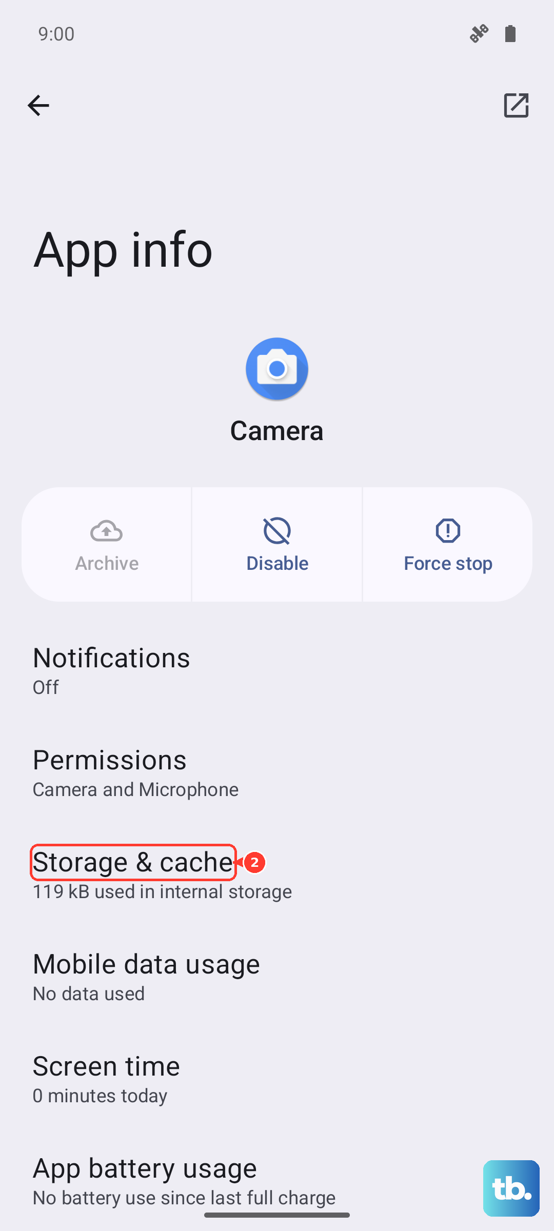 On the App info screen, tap Storage & cache (Android 16, Pixel emulator; Camera shown as the example app).