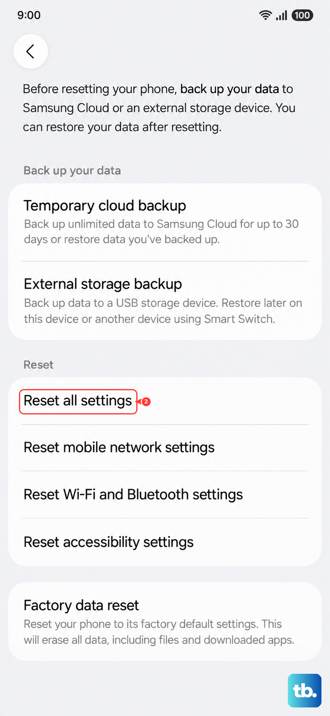 On the Reset screen, tap Reset all settings (Samsung One UI).