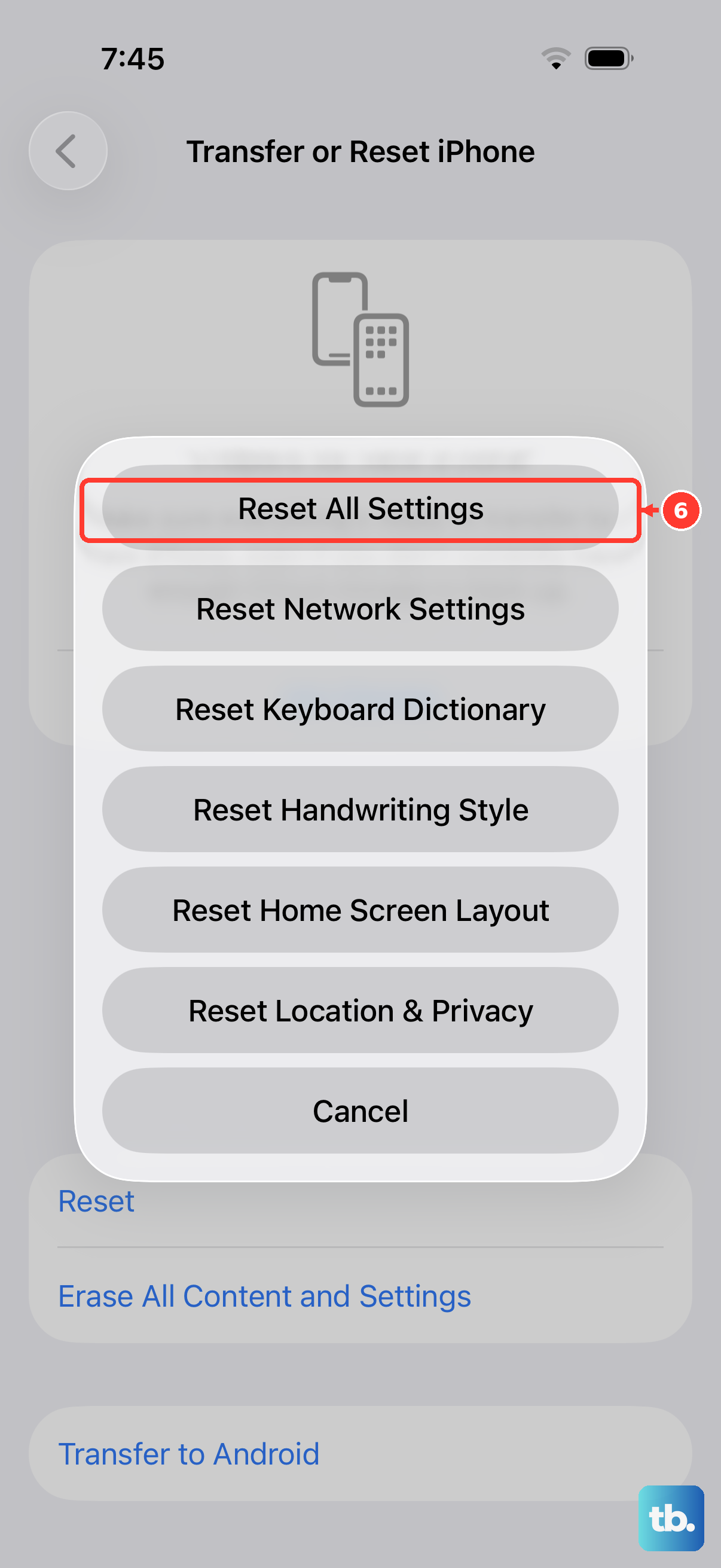 Go to Settings > General > Transfer or Reset iPhone, tap Reset, then choose Reset All Settings to revert every preference without deleting your photos, apps, or media.