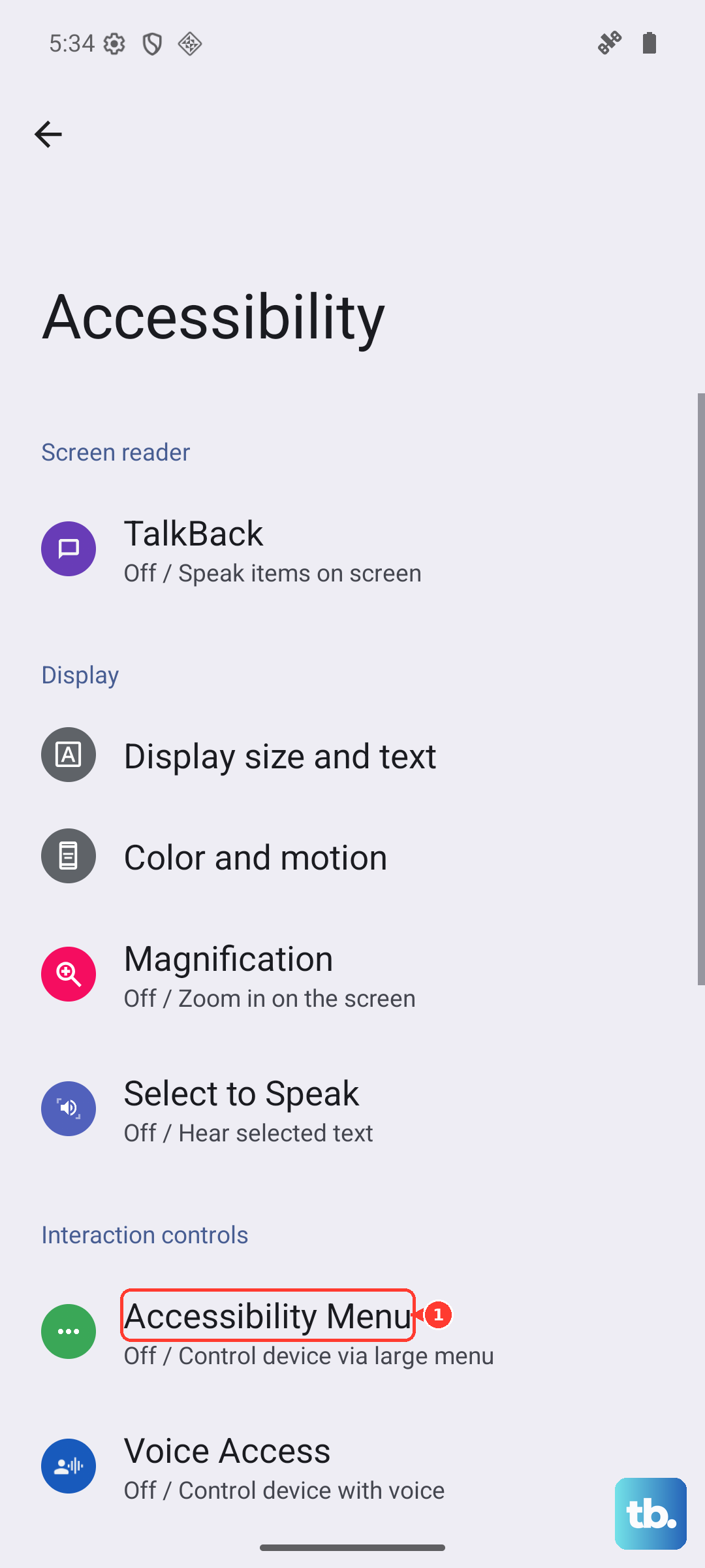 On the Accessibility screen, tap Accessibility Menu (Android 16, Pixel emulator).