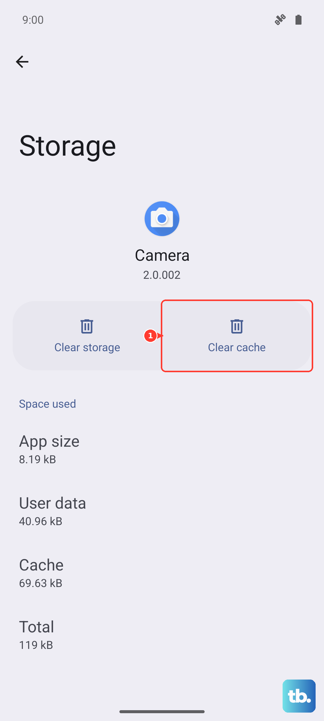On the app's storage screen, tap Clear cache (Android 16, Pixel emulator; Camera shown as the example app).