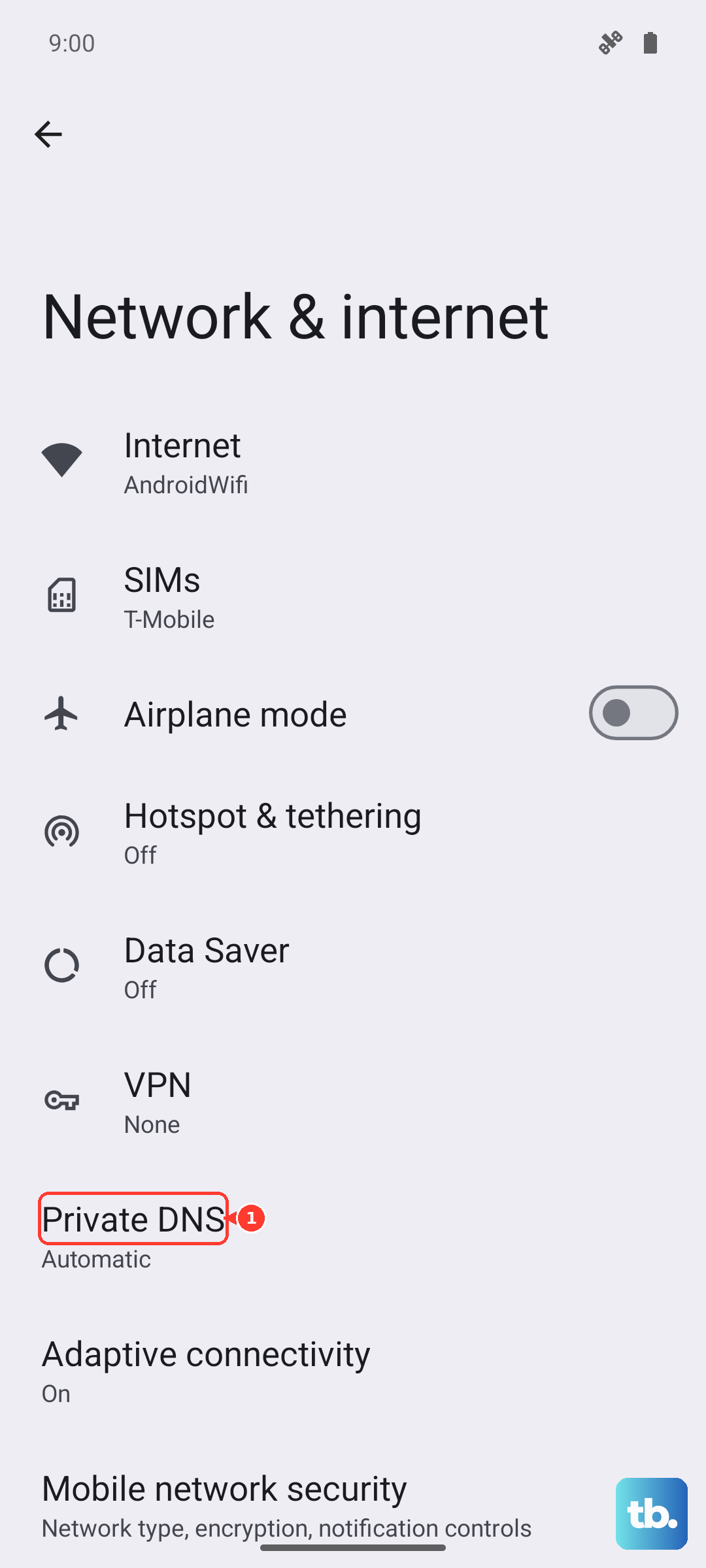 Under Network & internet, tap Private DNS (Android 16, Pixel emulator).