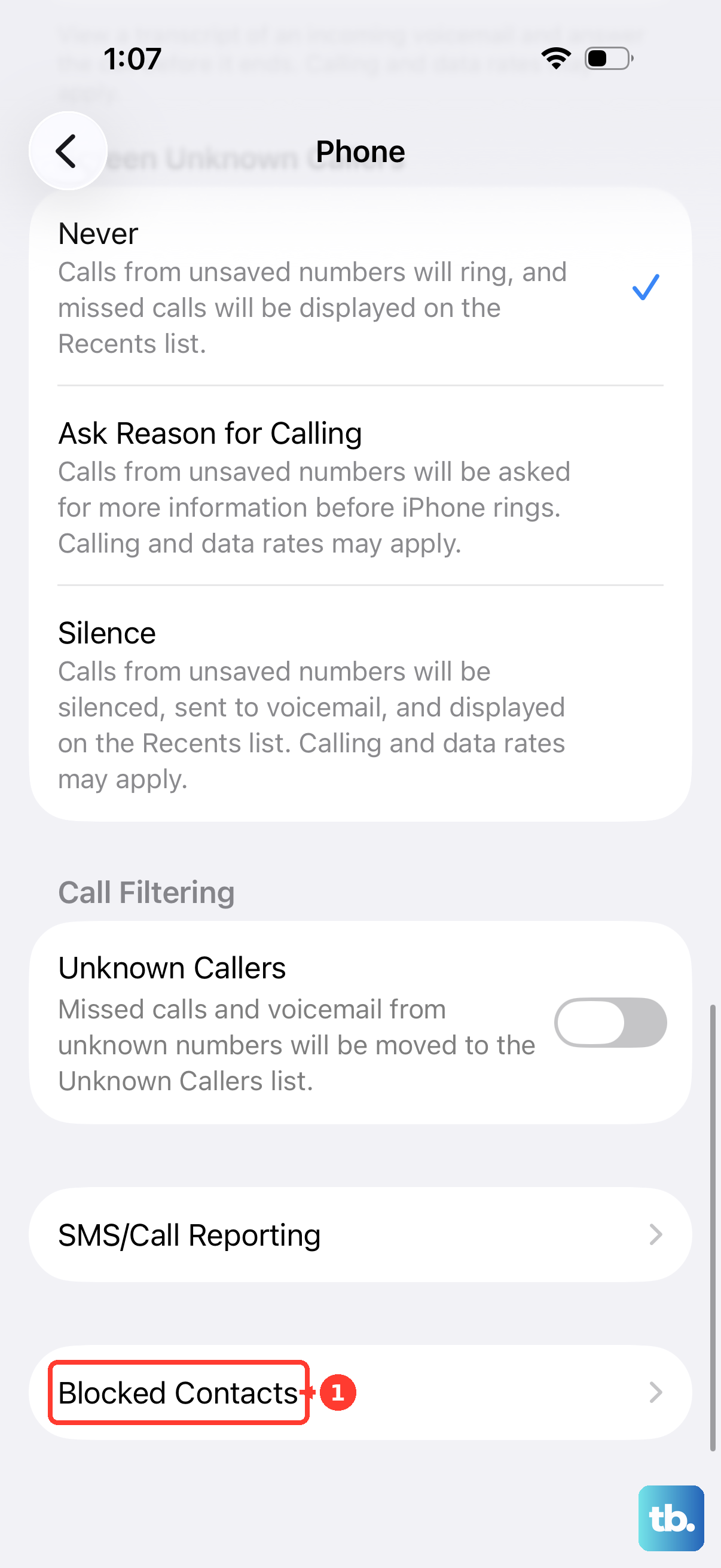 Blocked Contacts is at the bottom of the Phone app settings pane.