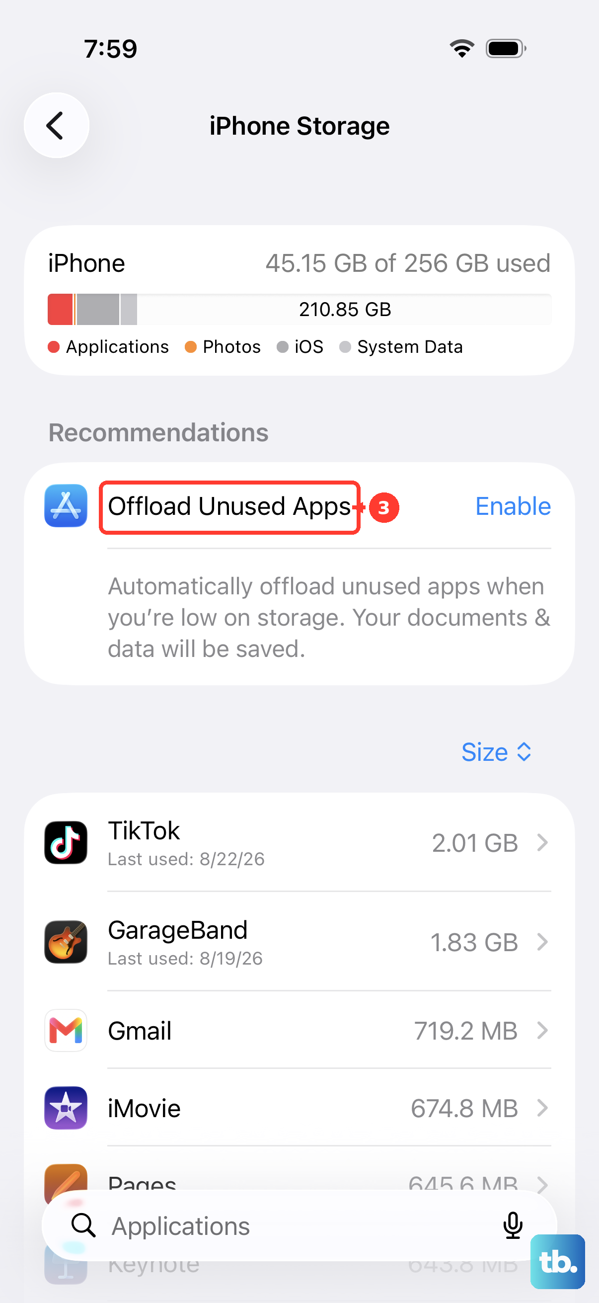 In iPhone Storage, use Offload Unused Apps to free space without losing app data.