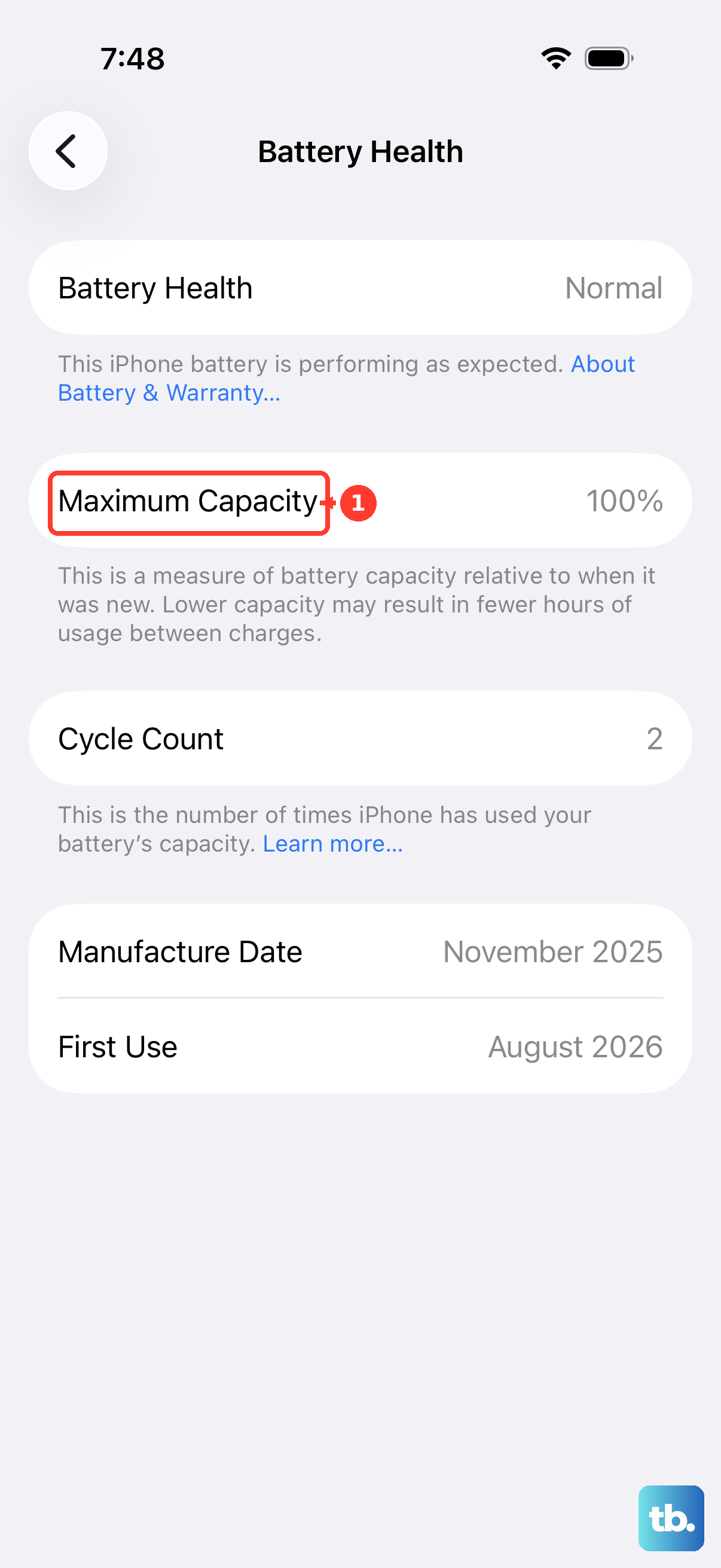 Battery Health shows Maximum Capacity and Cycle Count for the battery.